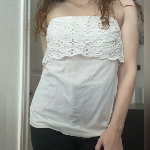 Y2K J. Crew Strapless Eyelet Boho Top White Silk Blend Size 4 - Picture 1 of 4